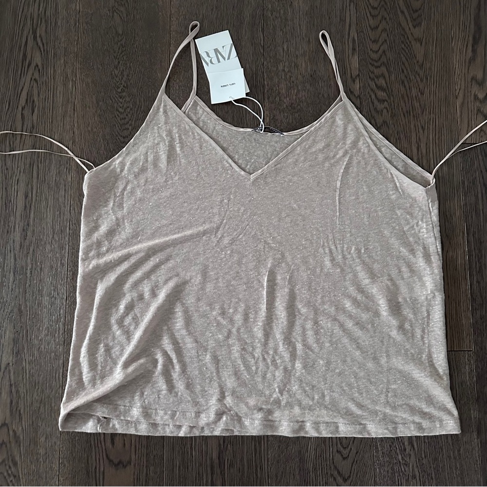 Zara 100% Linen Beige Spaghetti Strap Top